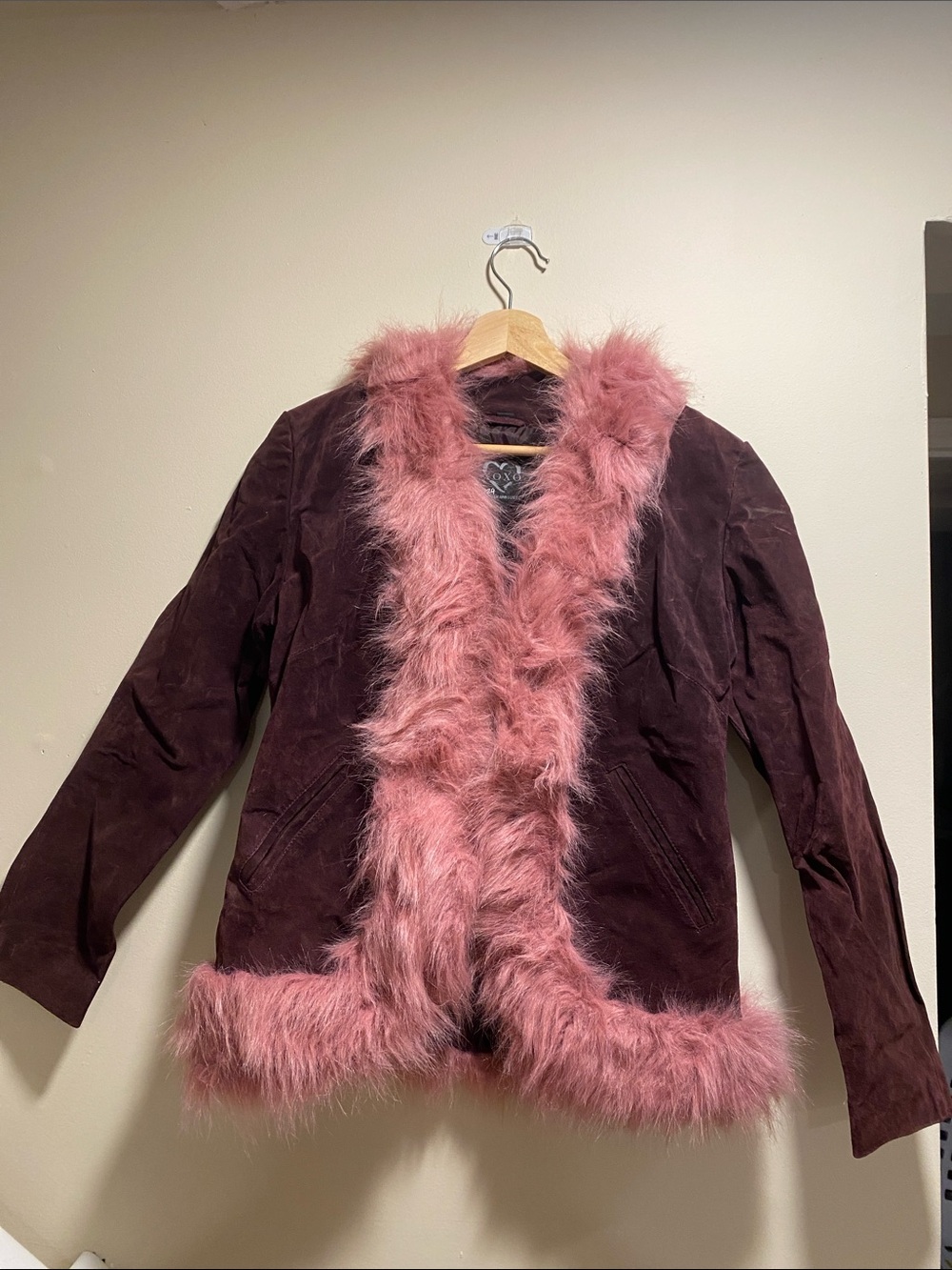 Y2K XOXO Women's Maroon Leather Jacket with Pink Faux Fur Trim Size Large